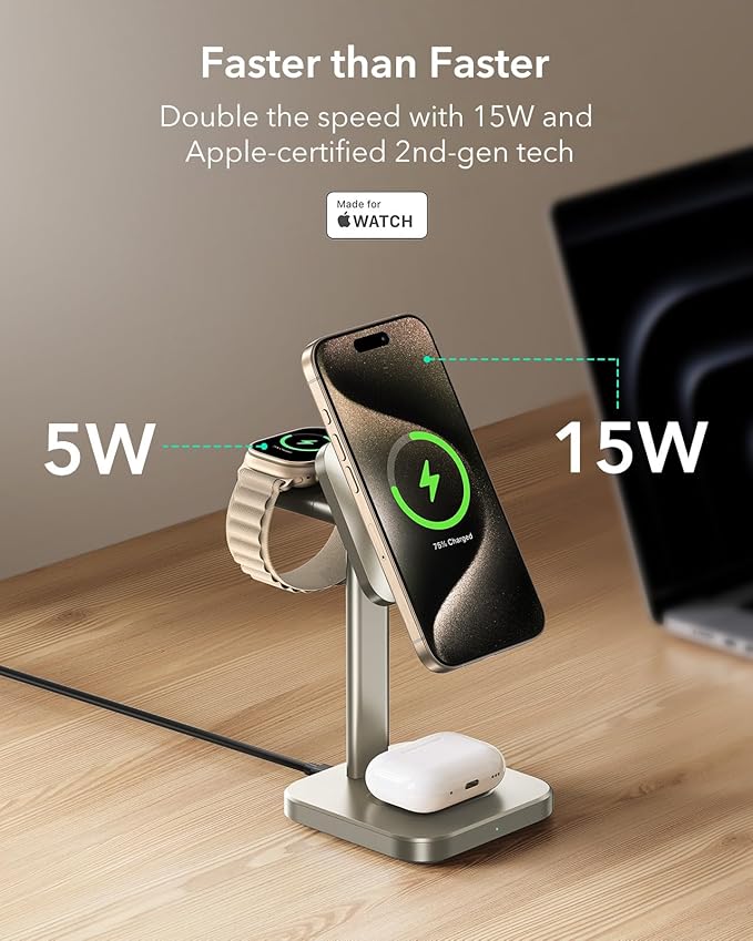 ESR for 3 in 1 Wireless Charging Station, Certified Apple Watch Charger, 15W MagSafe Charger Stand, Wireless Charger for Multiple Devices iPhone 17/16/15/14/13, Watch, AirPods, Natural Titanium