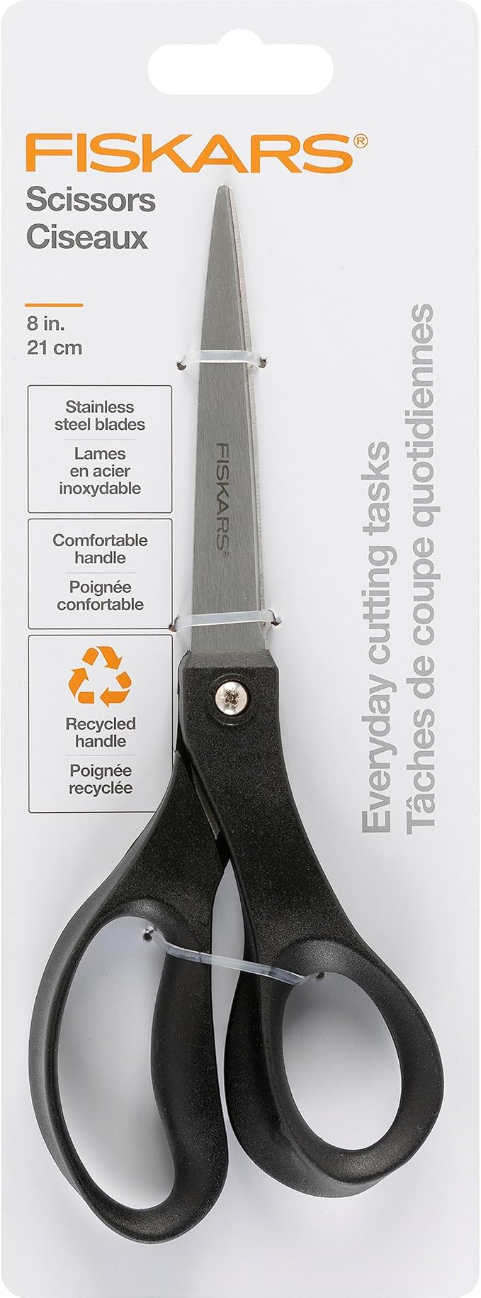 Fiskars 8” Everyday Recycled Stainless Steel Scissors (1-Pack) with Ergonomic Handles, Home & Office Scissors for Cutting Paper, Cardboard, Photos and More, Gray