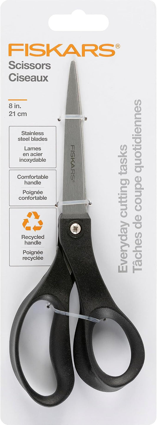 Fiskars 8” Everyday Recycled Stainless Steel Scissors (1-Pack) with Ergonomic Handles, Home & Office Scissors for Cutting Paper, Cardboard, Photos and More, Gray