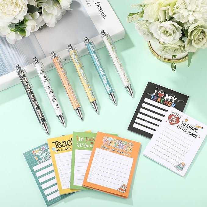 Thenshop 6 Set Teacher Appreciation Gifts 6 Teacher Sticky Notes and 6 Fun Ballpoint Pens Thank You Gifts for Teacher Office Supplies