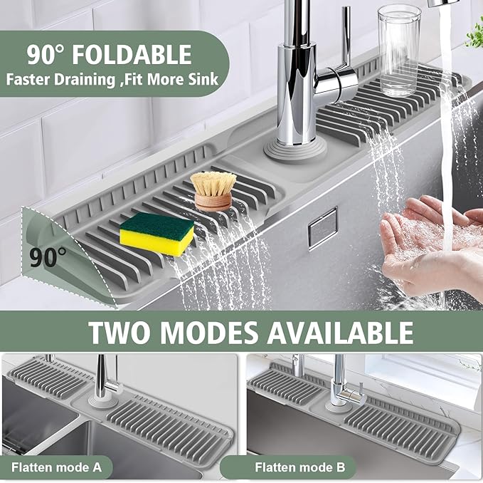 24-Inch Kitchen Sink Splash Guard Mat | 7° Slope for Fast Self-Draining | Snap-Lock Design | Universal & Cuttable Silicone Faucet Mat Gray
