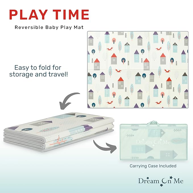 Dream On Me Play Time Reversible Baby Playmat, Foldable Extra Large Thick Foam Crawling Playmats for Toddlers, Waterproof Portable Playmat for Babies