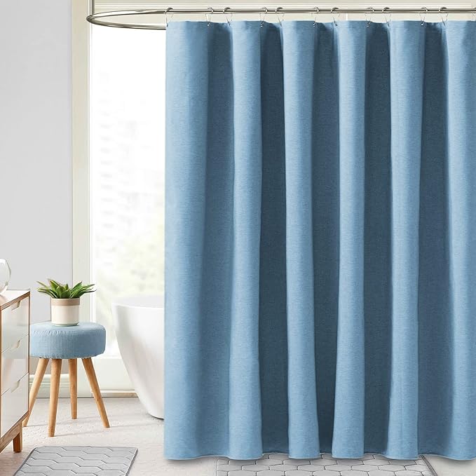 BTTN Blue Fabric Shower Curtain, Linen Textured Heavy Duty Waterproof Cloth Shower Curtain Set with 12 Plastic Hooks, Simple Hotel Luxury Decorative Shower Curtain for Bathroom, 72x72, Moonlight Blue