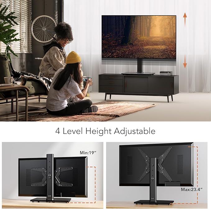 Hemudu Universal Swivel TV Stand/Base Table Top TV Stand for 21 to 50 inch TVs with 90 Degree Swivel, 4 Level Height Adjustable, Heavy Duty Tempered Glass Base, Holds up to 99lbs, HT02B-002