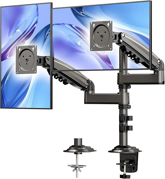 HUANUO 17-32 Inch Dual Monitor Stand, NITROGLIDE™ Dual Monitor Mount, Monitor Stand 2 Monitors, Ergonomic Adjustable Tilt/Swivel/Rotate, Weight Max 19.8 lbs, VESA 75/100mm