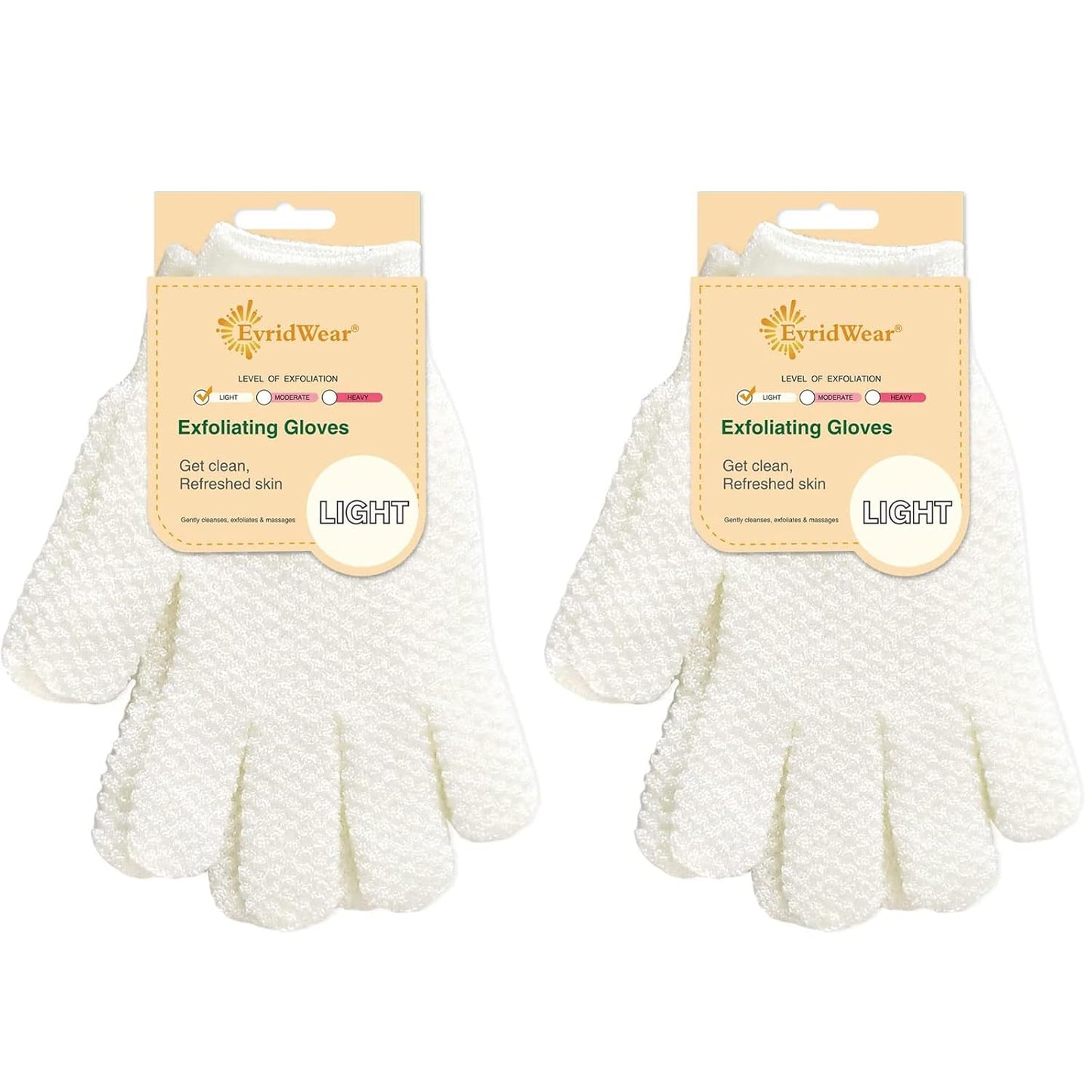 Evridwear Exfoliating Gloves for Shower, 100% Nylon Thick Soft Medium Heavy Bathing Gloves Dead Skin Remover Body Scrubber Smooth Skin with Hang Loop, 2 Pairs Light White