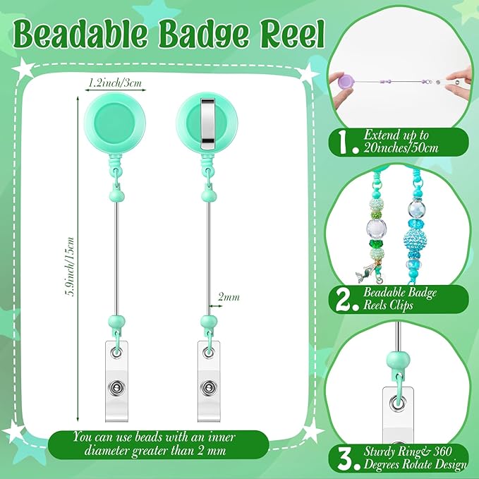 48 Pcs DIY Beadable Kit Include 24 Beadable Ballpoint Pen Black Ink 24 Bead DIY Badge Reel Retractable ID Name with Belt Clip Holder for Nurse Teacher Making Gift Office School Supplies