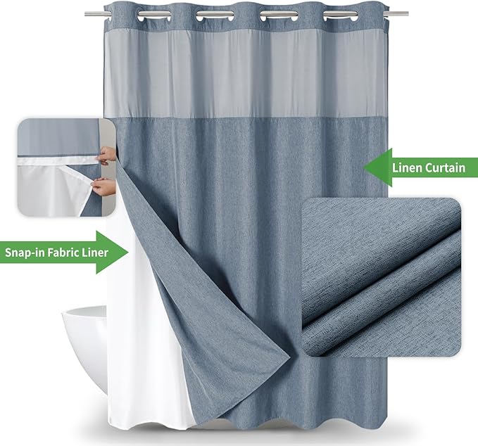 No Hooks Needed Linen Textured Shower Curtain with Snap-in Fabric Liner Set,Blue Grey Hotel Luxury Decor Shower Curtains for Bathroom with Mesh Top Window,Waterproof & Washable,71Wx74H