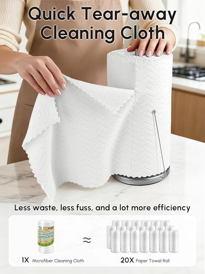 Microfiber Cleaning Cloths Roll, 75 Pack Tear Away Microfiber Towels Roll, 12" x 13" Lint Free Rags, Reusable Cleaning Cloths, Washable, Scratch Free,Ultra Absorbent Dish Rags(White Ripple)