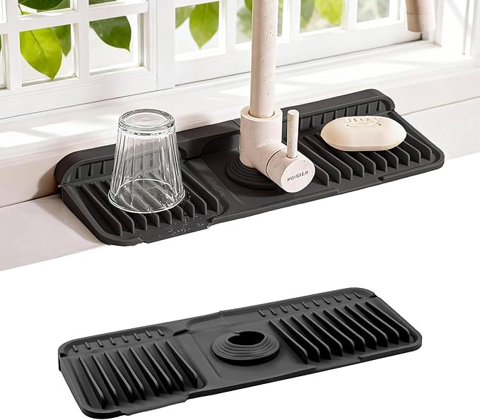 Faucet Mat for Kitchen Sink, 14"X5.5" Silicone Sink Splash Guard with Soap Holder, Snap-On Design & 7°slope Fast Drain, Folding Sink Faucet Mat for Universal Kitchen Bathroom Sink（Black）