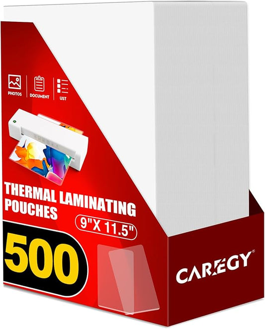 CAREGY Thermal Laminating Pouches, 500 Pack 3 Mil, 9 x 11.5 Inches Laminating Sheets Paper for Laminator, Clear, Letter Size, Office and School Supplies