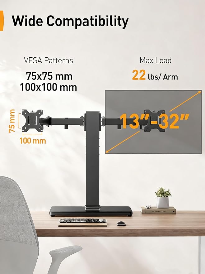 Perlegear Dual Monitor Stand with Power Strip, Freestanding Computer Monitor Stand for 2 Screens up to 32 Inch, Monitor Stand Riser with Glass Base and Adjustable Arms, Holds 22 lbs per Arm, PGTVS41B
