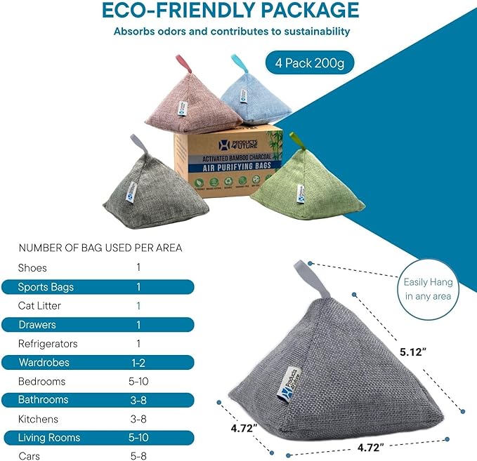 4 Pack of 200g Naturally Activated Bamboo Charcoal Air Purifying Bags | Natural Home Deodorizer Bags | Charcoal Bag Odor Absorber For Pets | Odor Eliminator & Moisture Absorber Air Freshener Bags