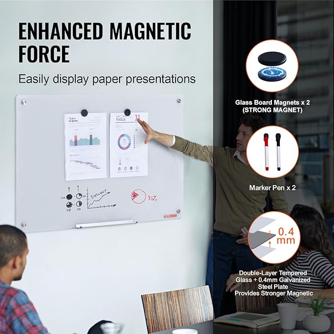 VEVOR Magnetic Glass Writing Board, Erasable 36"x24" Surface, Frameless Design for Wall, Includes Marker Holder, a Cleaning Tool, and 2 Writing Pens, White