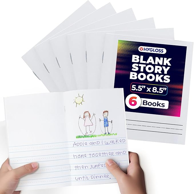 Hygloss Half Blank Books for Kids to Write Stories and Illustrate – Bulk 6 Pack – 5.5" x 8.5" A5 – Small Primary Journal for Grades K-2, Preschool/Kindergarten Notebook with Picture Space – 24 Pages