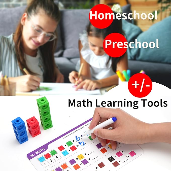 BenBen 100pcs Linking Cubes with 15 Double-Sided Activity Cards - Math Manipulatives for Kids Ages 4-8, Counting Blocks for Kindergarten, Snap Cubes STEM Educational Toy for Classroom & Homeschool