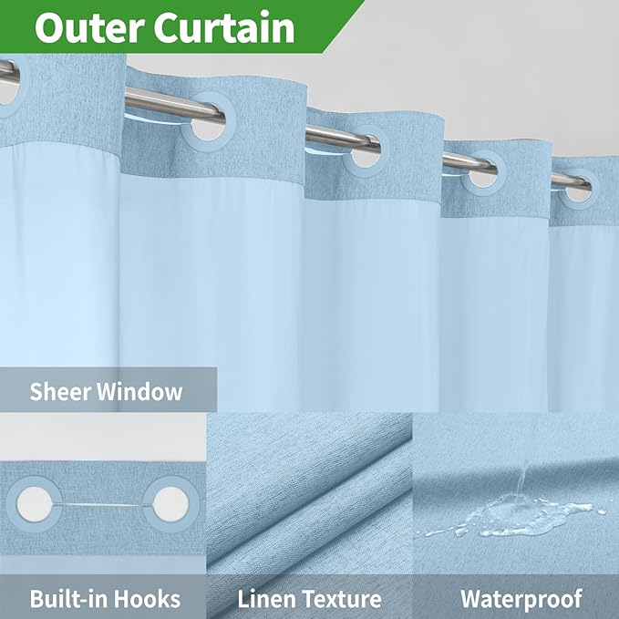 No Hooks Needed Linen Textured Shower Curtain with Snap-in Fabric Liner Set,Hotel Luxury Decor Waterproof Shower Curtains for Bathroom with Mesh Top Window,Washable,71Wx74H,Fog Blue