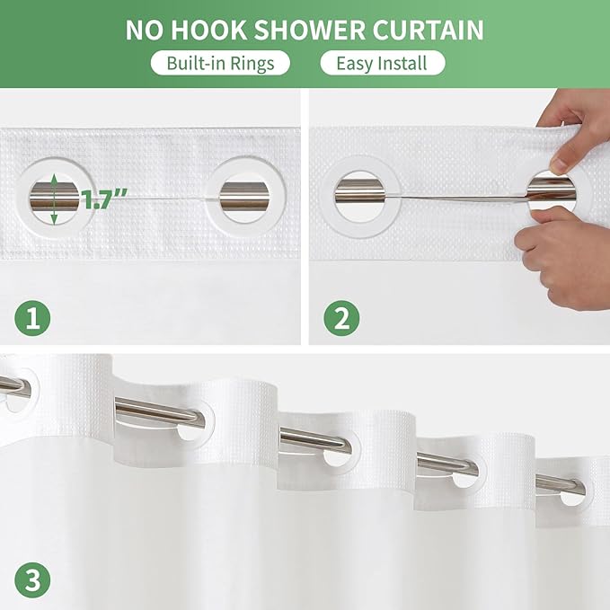 White No Hook Shower Curtain with Snap-in Fabric Liner Set,Waffle Weave Shower Curtains for Bathroom,Hotel Luxury Decor Bathroom Curtain Set,Waterproof & Washable,71Wx77H