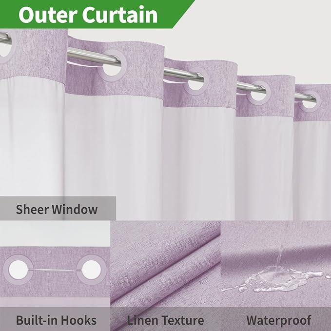 Long No Hooks Needed Linen Textured Shower Curtain with Snap-in Fabric Liner Set,Hotel Luxury Decor Shower Curtains for Bathroom,Waterproof & Washable,71Wx80H,Lavender