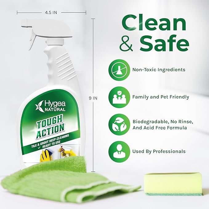 Hygea Natural Tough Action Tile & Grout Cleaner - Deep Cleans Dirt & Scum, Conditions & Enhances Stone Color - Acid-Free & Residue-Free Biodegradable Formula (Ready to Use 24 oz)