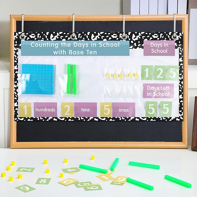 Back to School Counting The Days with Base Ten Pocket Chart Place Value, Counting Caddie Pocket Chart for Classroom Bulletin Board School or Home Decor, 4 Hooks(Black,Composition Notebook)