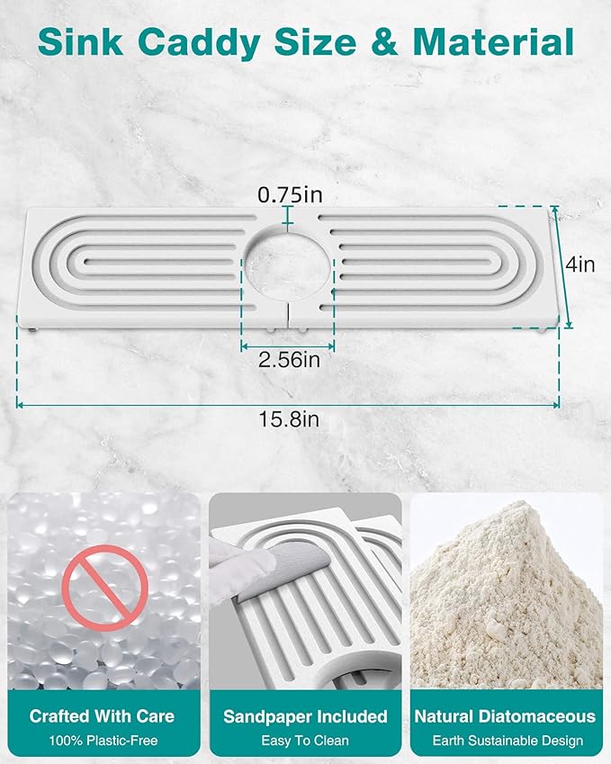 Stone Faucet Mat for Kitchen Sink, Diatomite Sink Protectors - Prevent Moisture Drying Stone Tray Fit Kitchen Counter & Bathroom Counter (White, 15.8" x 4")