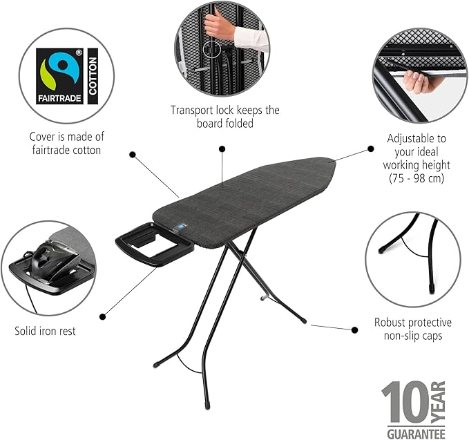Brabantia - Ironing Board C - Flexible Steam Iron Rest - Adjustable in Height - Non-Slip Rubber Feet - Cover and Pad - Solid Foldable Unit - Denim Black - 49x18 Inches