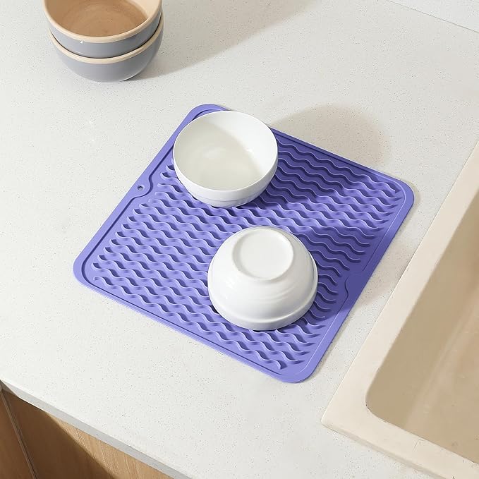 Silicone Dish Drying Mat for Multiple Usage,Easy clean,Eco-friendly,Heat-resistant Silicone Mat for Kitchen Counter or Sink,Refrigerator or Drawer liner Light Purple M 12 inches x 12 inches