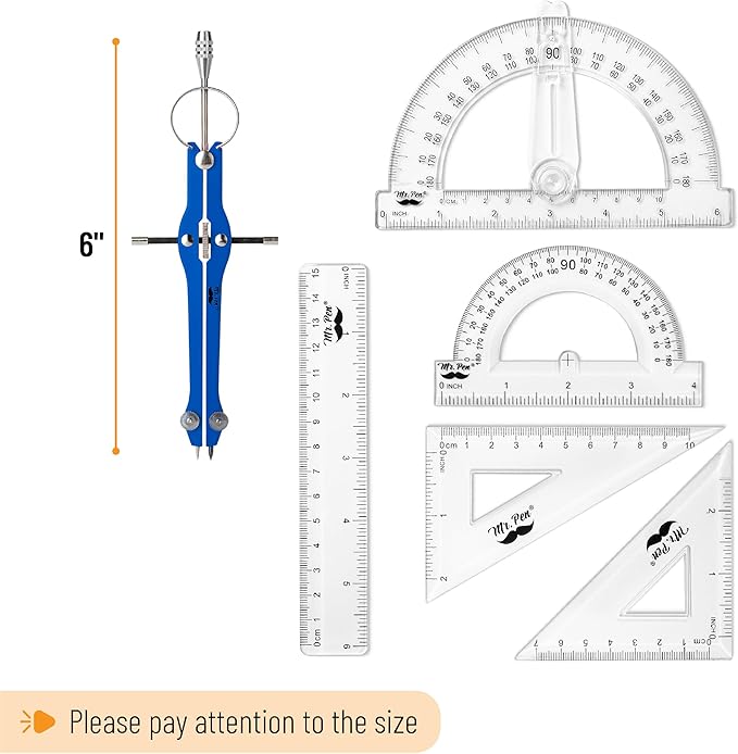 Mr. Pen- Geometry Set, 15 pcs, Navy Blue, 6 Inch Swing Arm Protractor, Divider, Set Squares, Ruler, Compasses and Protractor