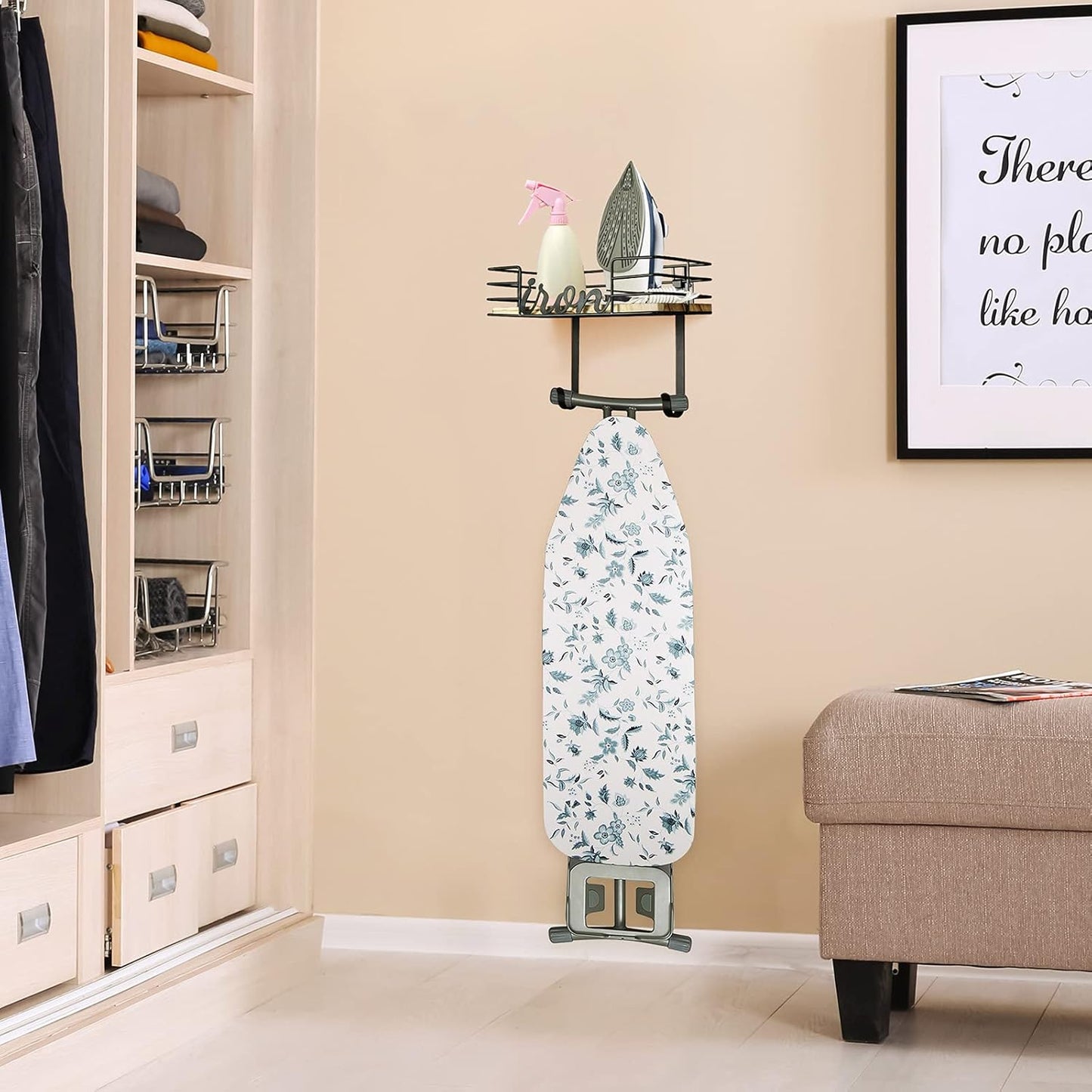 TJ.MOREE Hanger wall mount - Laundry Room Iron and ironing board Holder, Metal with Large Storage Wooden Base Basket and Removable Hooks (Black)