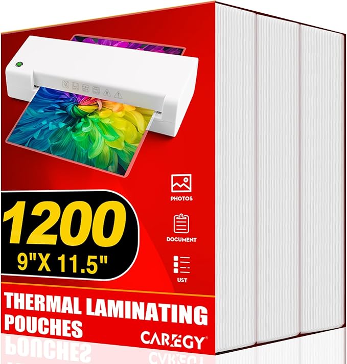 CAREGY Thermal Laminating Pouches, 1200 Pack 3 Mil, 9 x 11.5 Inches Laminating Sheets Paper for Laminator, Clear, Letter Size, Office and School Supplies