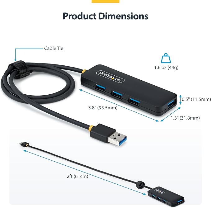StarTech USB-A 4-Port Hub, SuperSpeed 5Gbps, 4 × USB-A Adapter, Bus-Powered Portable Hub with Extra Long 2 ft Cable, Plug-and-Play for MacBook, Dell, Chromebook, PC & Peripheral Devices