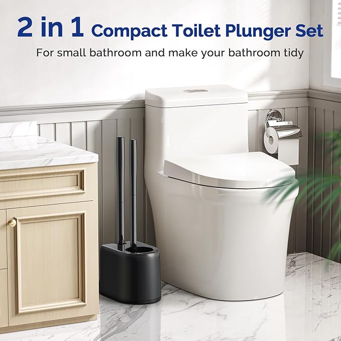 HAMITOR Toilet Plunger Bowl Brush Combo：Heavy Duty Rubber for Drain Clog Remover - Curved Design Bristles for Deep Cleaning Under Rim - Compact Bathroom Cleaning Tools for New Homet Essentials - Black