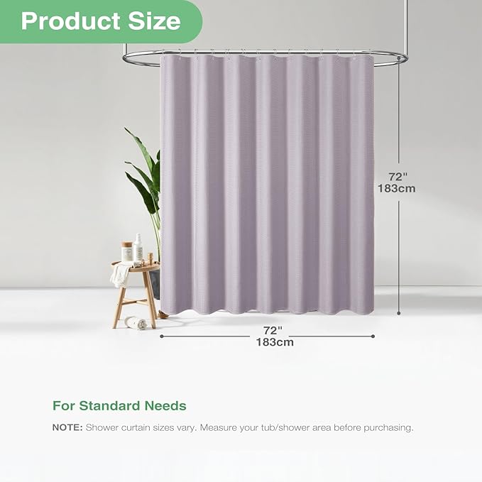 Dynamene Lavender Fabric Shower Curtain - Waffle Weave Textured Heavy Duty Cloth Shower Curtains for Bathroom, 256GSM Hotel Luxury Weighted Bath Curtain Set with 12 Hooks,72x72, Lavender