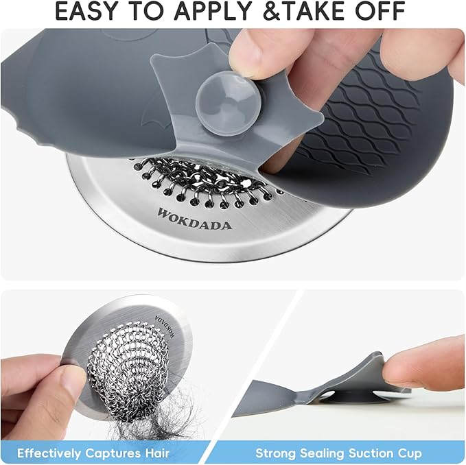Bathtub Drain Hair Catcher, Wokdada Fast Drainage Shower Drain Hair Catcher, Reversible 304 Stainless Steel Drain Protector with Silicone Stopper for Bathroom