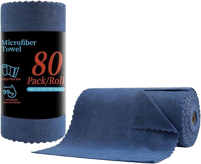 80 Pack Microfiber Cleaning Cloth Roll,Lint Free Rags & Tear Away Reusable Towels Washable Scratch,Ultra Absorbent Dish Rags(12" x 12") for Car Kitchen Home Garage-Navy Blue