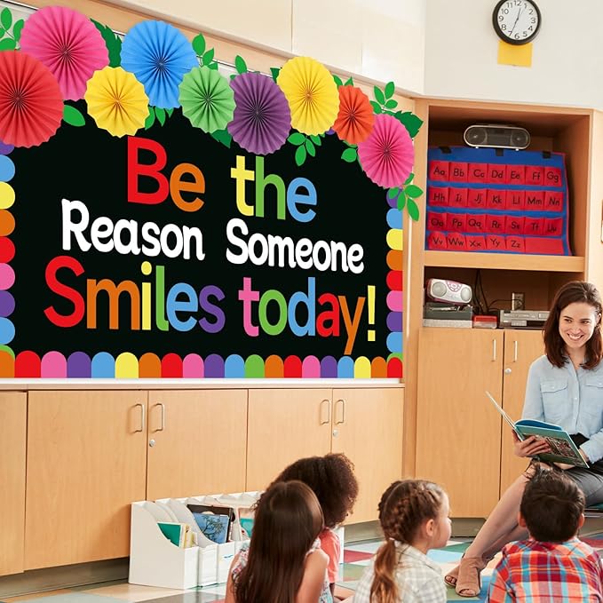 Classroom Bulletin Board Decorations with 3D Paper Fans Inspirational Be The Reason Someone Smiles Today Bulletin Board Set for Back to School Motivational Office Home Wall Door Chalkboard Decor
