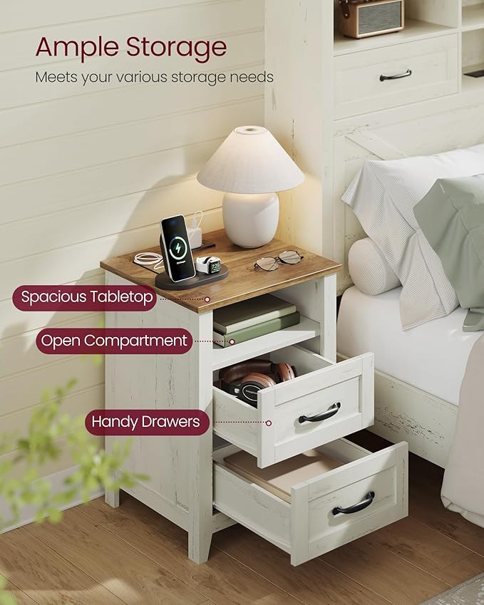 VASAGLE LIRY Collection - Farmhouse Nightstand with Charging Station, Bedside Table, Side Table with 2 Drawers, Open Compartment, for Bedroom, Rustic White and Honey Brown ULET669W01