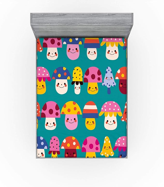 Ambesonne Mushroom Fitted Sheet, Smiling Funky and Shapes with Polka Dots and Stripes, Bed Cover with All-Round Elastic Deep Pocket for Comfort, Queen Size, Dark Seafoam Multicolor
