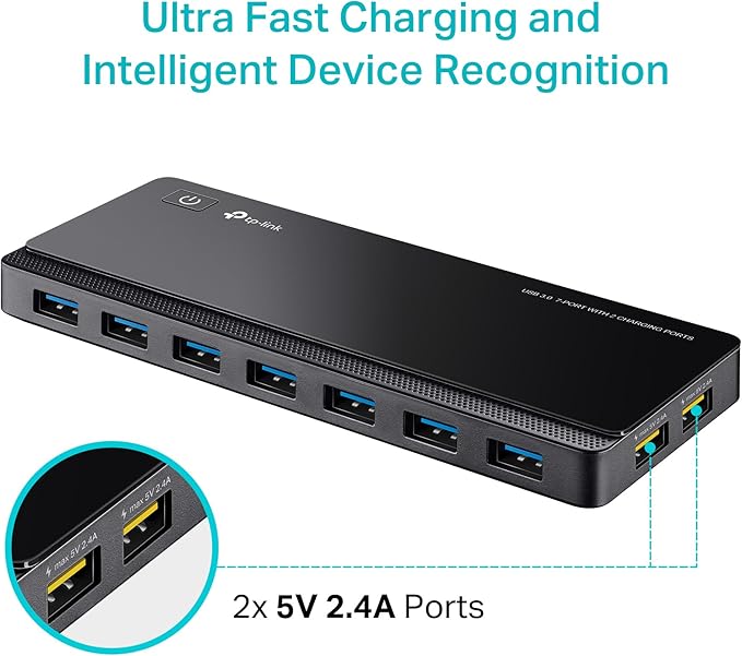 TP-Link Powered USB Hub 3.0 with 7 USB 3.0 Data Ports and 2 Smart Charging USB Ports. Compatible with Windows, Mac, Chrome & Linux OS, with Power On/Off Button, 12V/4A Power Adapter(UH720)