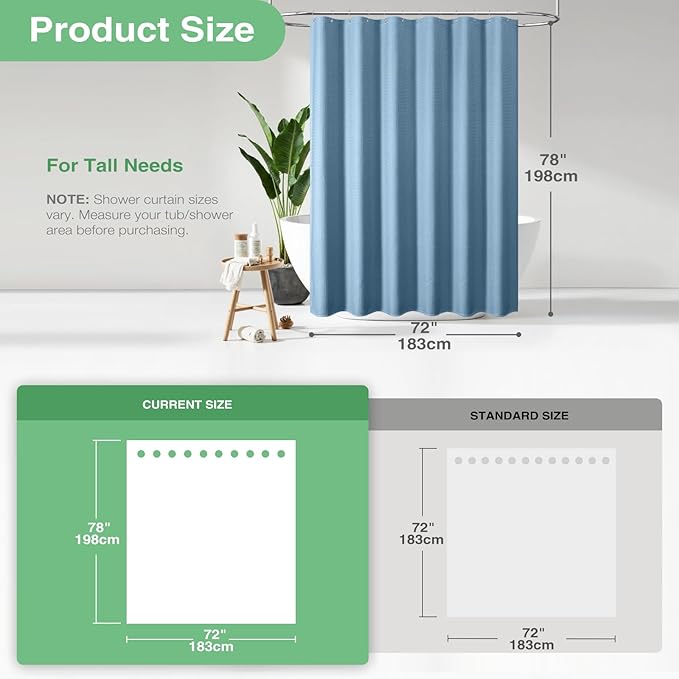 Dynamene Long Fabric Shower Curtain - 78 inch Long Waffle Weave Weighted Cloth Shower Curtains for Bathroom, Heavy Duty Hotel Spa Luxury Bath Curtain Set with 12 Plastic Hooks,72x78, Moonlight Blue