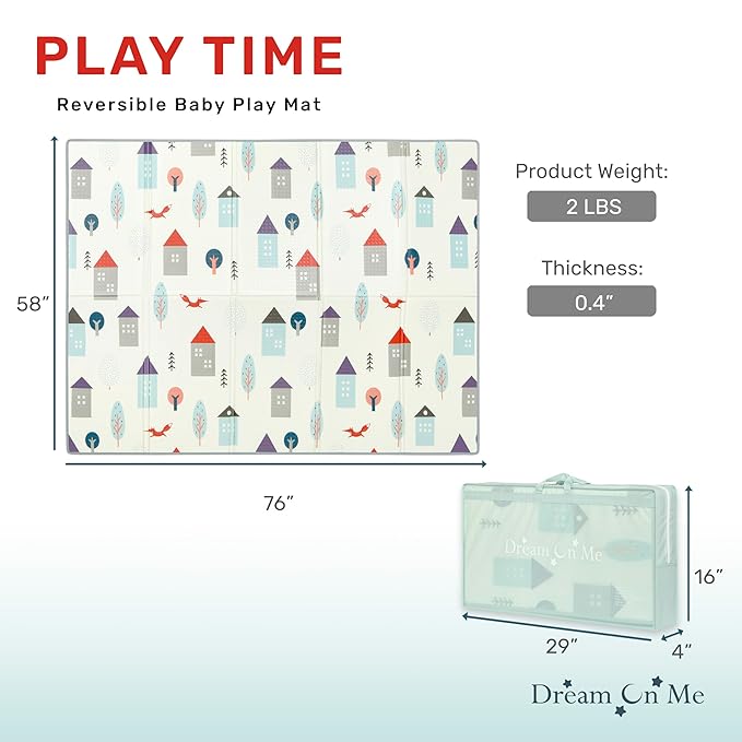 Dream On Me Play Time Reversible Baby Playmat, Foldable Extra Large Thick Foam Crawling Playmats for Toddlers, Waterproof Portable Playmat for Babies