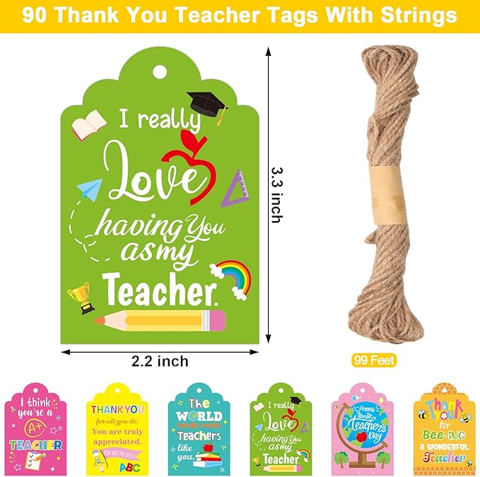 90 Pcs Thank You Teachers Tags with 99Ft String Gifts Hanging Tag Labels for Teachers Appreciation Week Wrapping Boxes Bags
