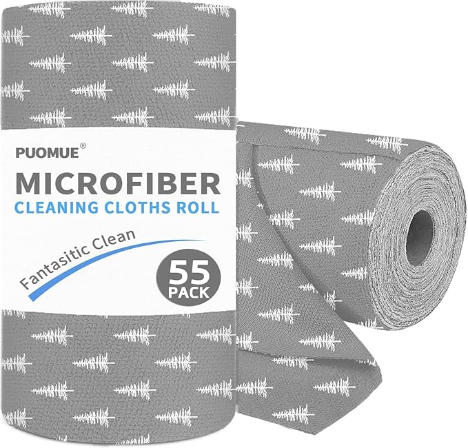 55 Pack Microfiber Christmas Cleaning Cloth Roll, Tear Away Reusable Towels, 11" X 9", Ultra Absorbent & Lint Free Microfiber Cloth for Cleaning Cars, Kitchen, and Window, Christmas Tree