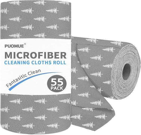 55 Pack Microfiber Christmas Cleaning Cloth Roll, Tear Away Reusable Towels, 11" X 9", Ultra Absorbent & Lint Free Microfiber Cloth for Cleaning Cars, Kitchen, and Window, Christmas Tree