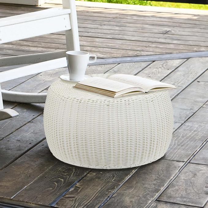 Resin Wicker Storage Stool or Side Table, White