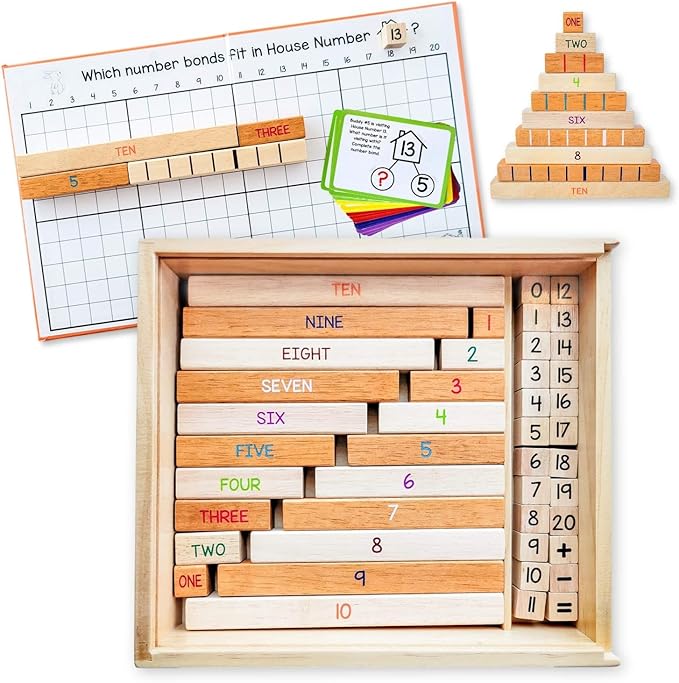 LITTLE BUD KIDS House of Number Buddies Math Game, a Number Bonds Math Toy with Counting Rods and Addition & Subtraction Flash Cards, a Montessori Material for Kids 4-8 Years Old