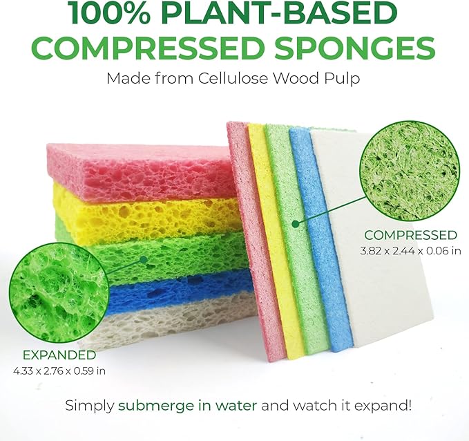 Biodegradable Compressed Cellulose Sponges - Pack of 32 Pop Up Natural Dish Sponges - Multicolor Non Scratch, Heavy Duty, Multipurpose, Compostable and Eco Friendly