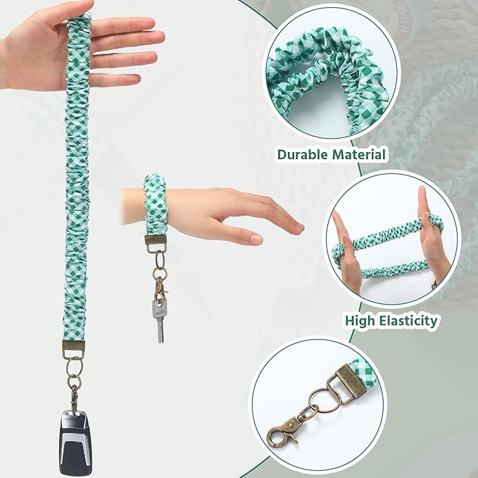 Marspark 2 Set Scrunchie Lanyards with 4 Card Holders for ID Badges and Keys Cute Stretchy Scrunchie Neck and Wrist Lanyards for Teacher Women Nurses School Office Supplies(White Light Green,Checked)