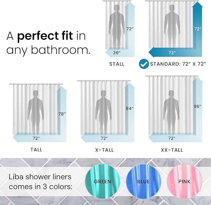LiBa Bathroom Shower Curtain Premium PEVA Non-Toxic, Blue Clear Waterproof Plastic Shower Curtain Liner with Rust Proof Grommets 8G Bathroom Accessories 72x72